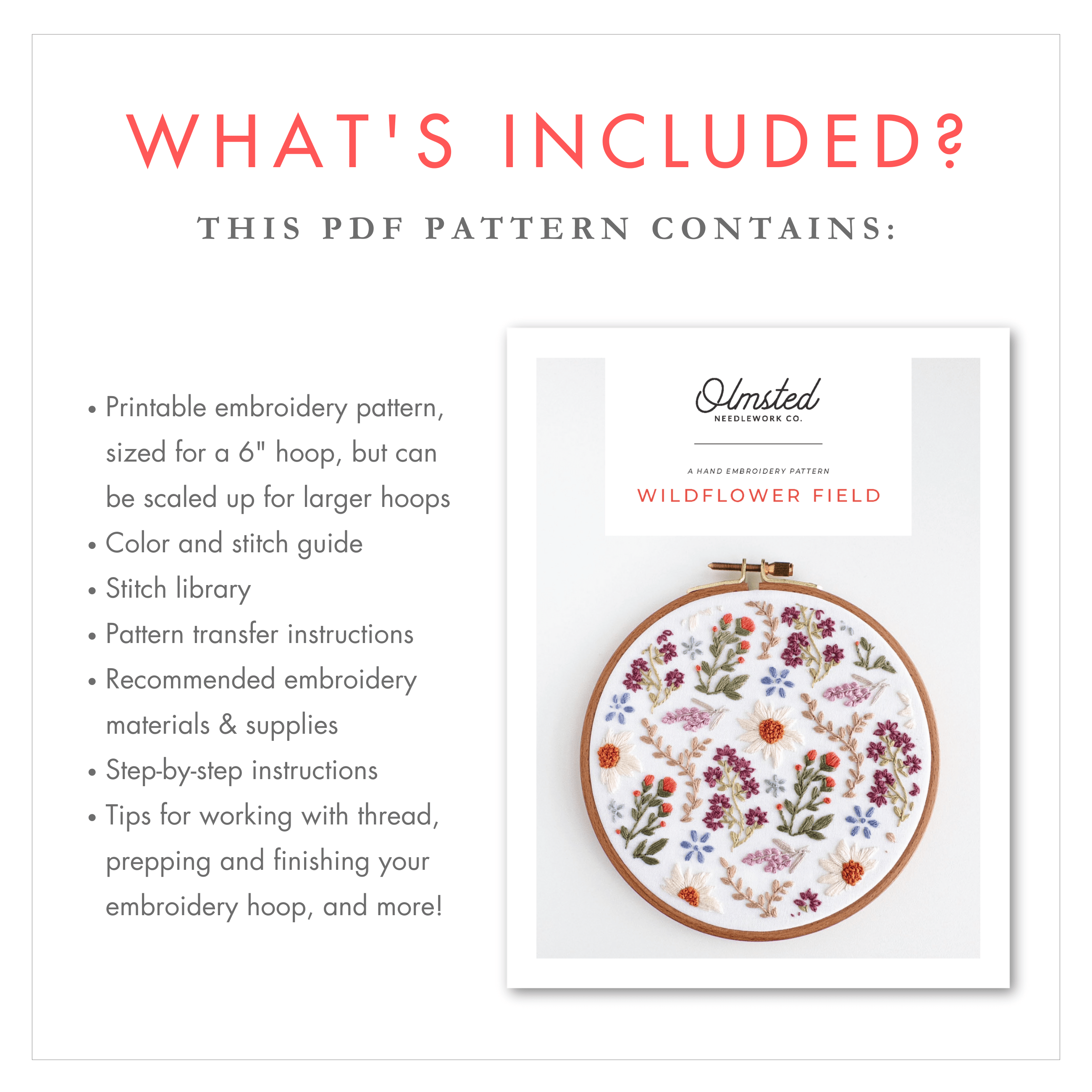 Wildflower Field embroidery pattern PDF contents with a finished floral hoop design.