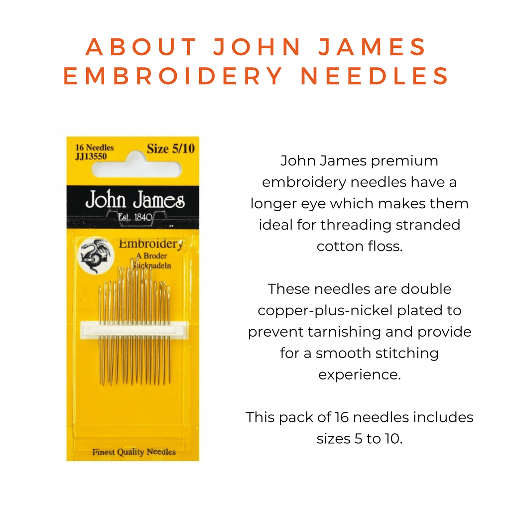John James embroidery needles, copper-plus-nickel plated, in a yellow and black pack.
