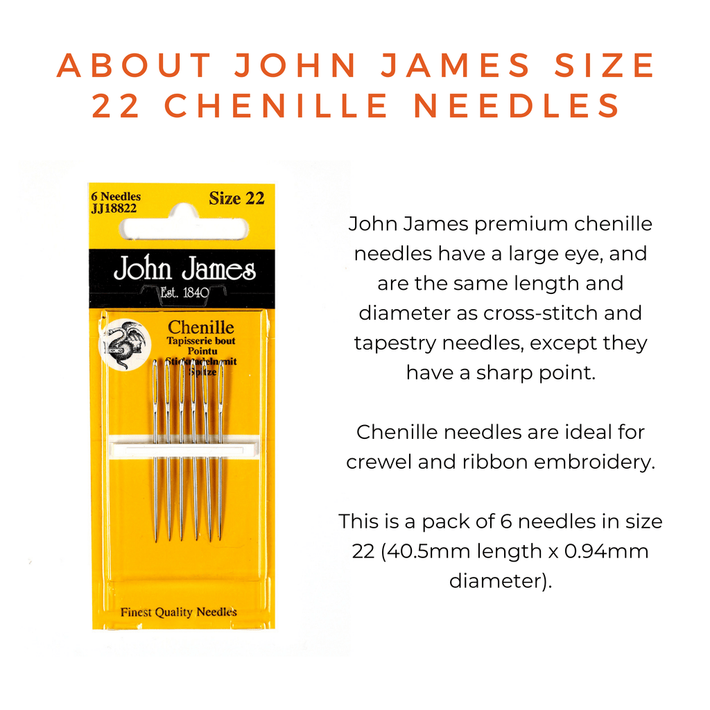John James Size 22 Chenille Needles, a pack of 6 silver-toned sharp-point needles in yellow packaging.