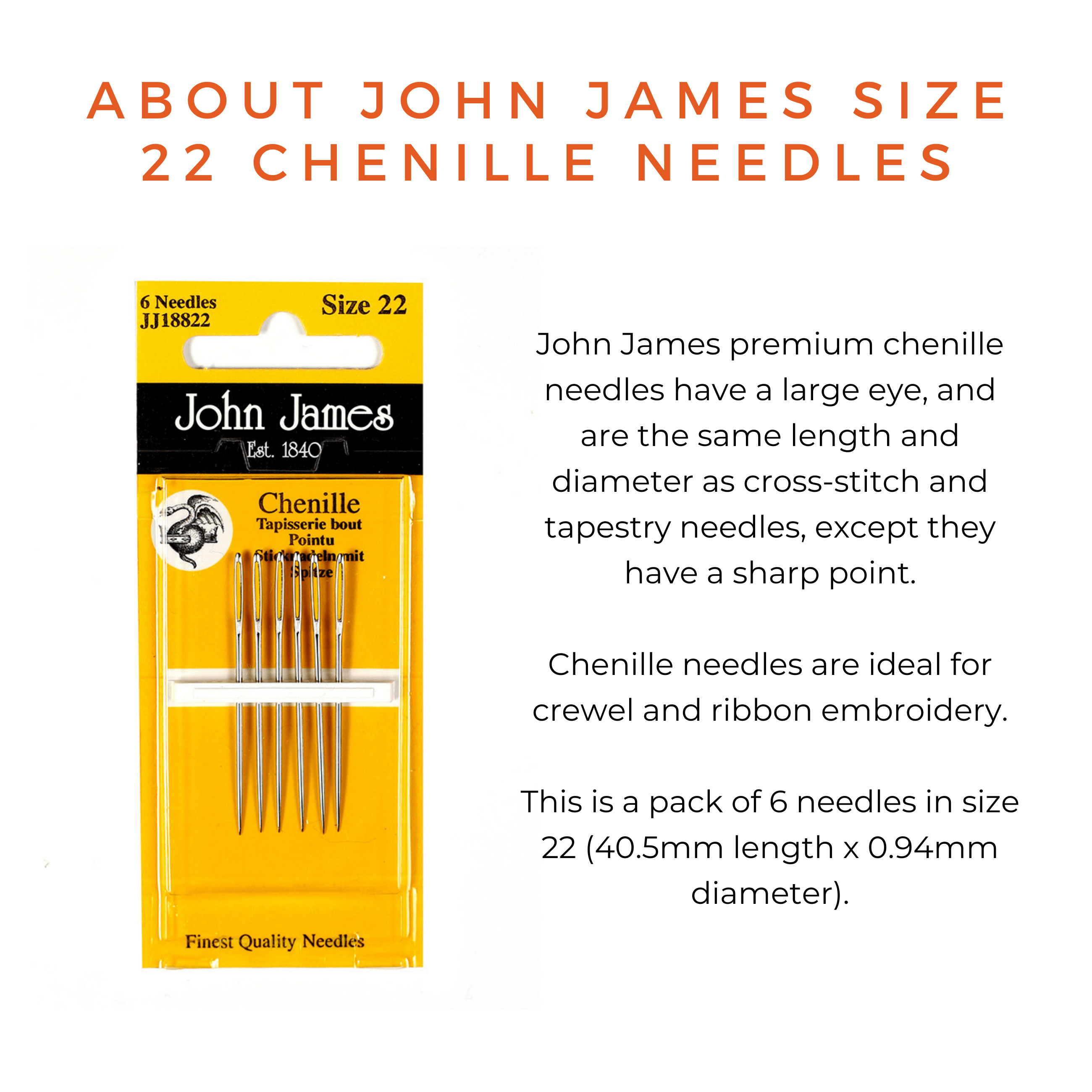 John James Size 22 Chenille Needles, a pack of 6 silver-toned sharp-point needles in yellow packaging.