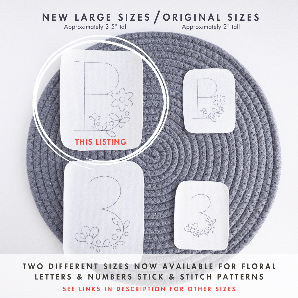 Two sizes of floral letter "B" and number "3" stick and stitch embroidery patterns on a gray mat.