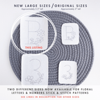 Two sizes of floral letter "B" and number "3" stick and stitch embroidery patterns on a gray mat.