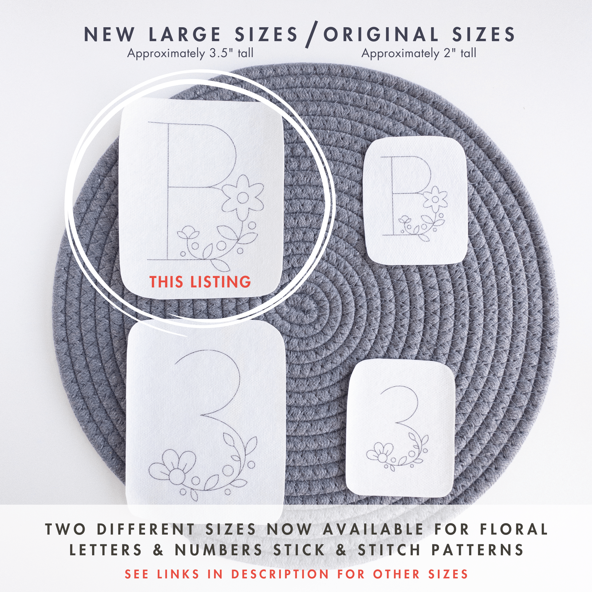 Two sizes of floral letter "B" and number "3" stick and stitch embroidery patterns on a gray mat.