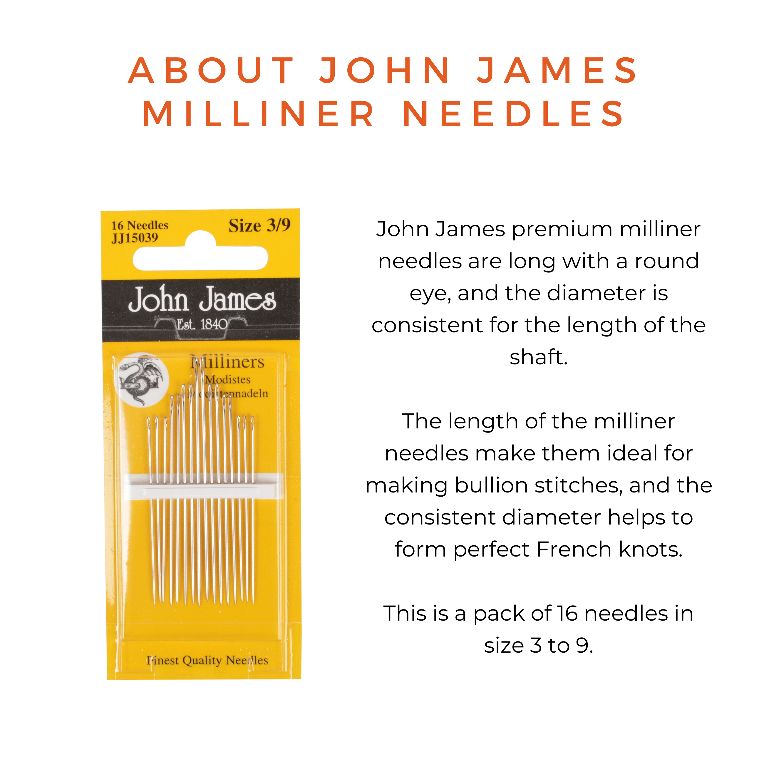 John James Milliner needles, size 3/9, in a yellow and black pack with 16 silver needles visible.