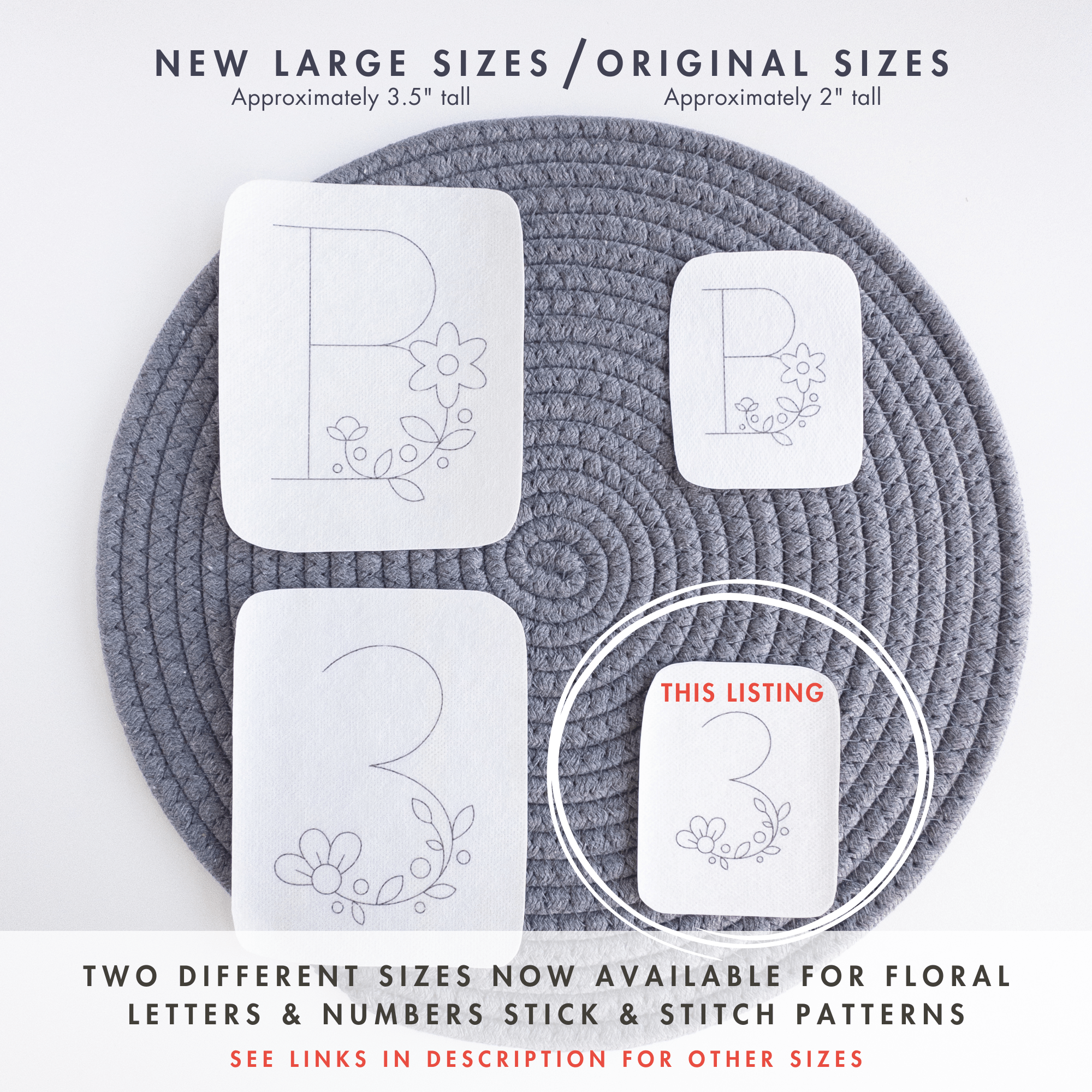 Two white stick and stitch embroidery patterns, a floral letter 'B' and number '3', in original 2" and new 3.5" sizes, on a gray mat.