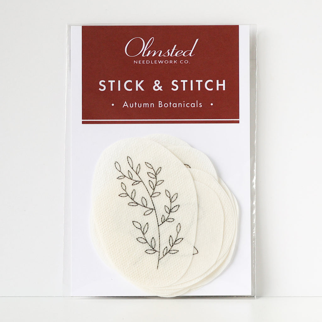 Olmsted Needlework Co. Autumn Botanicals Stick & Stitch embroidery patterns, featuring a leafy branch design.
