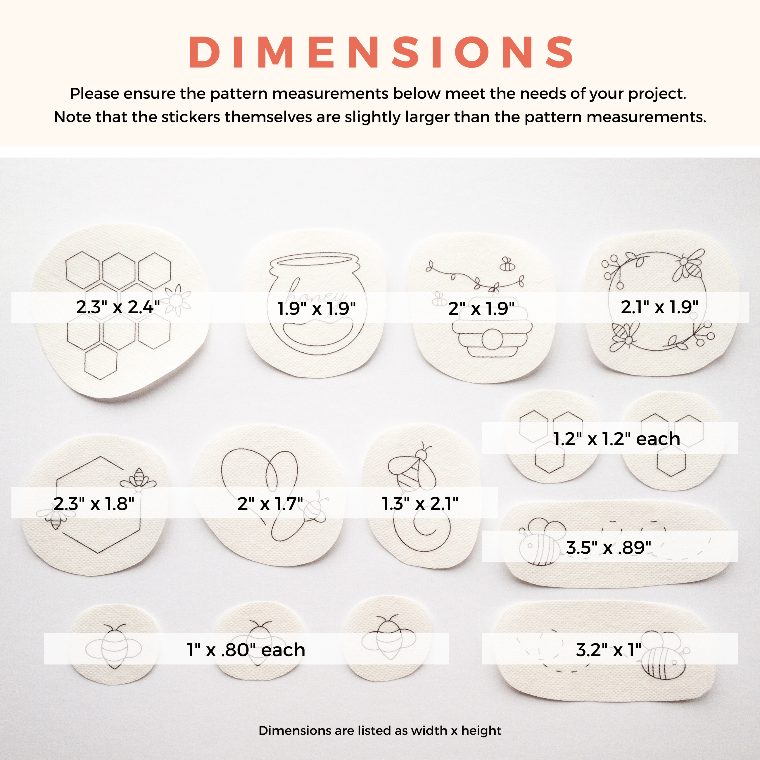 14 white, water-soluble stick and stitch bee embroidery patterns in various sizes, from 1" to 3.5".