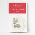 Pack of Olmsted Needlework Co. Stick & Stitch Berries patterns, showing a raspberry design on a white water-soluble sticker.