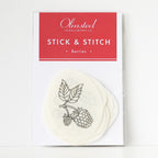 Pack of Olmsted Needlework Co. Stick & Stitch Berries patterns, showing a raspberry design on a white water-soluble sticker.