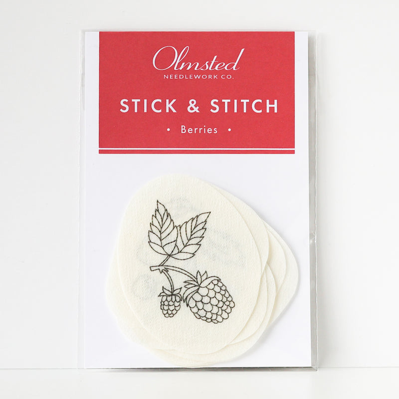 Pack of Olmsted Needlework Co. Stick & Stitch Berries patterns, showing a raspberry design on a white water-soluble sticker.