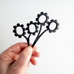 Black flower-shaped tool held by a hand against a white background