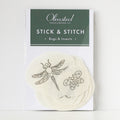 Pack of 14 white water-soluble stick and stitch embroidery patterns featuring various bug and insect designs like a dragonfly and butterfly.