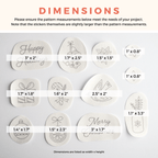 Twelve white water-soluble Christmas stick and stitch embroidery patterns with dimensions listed.