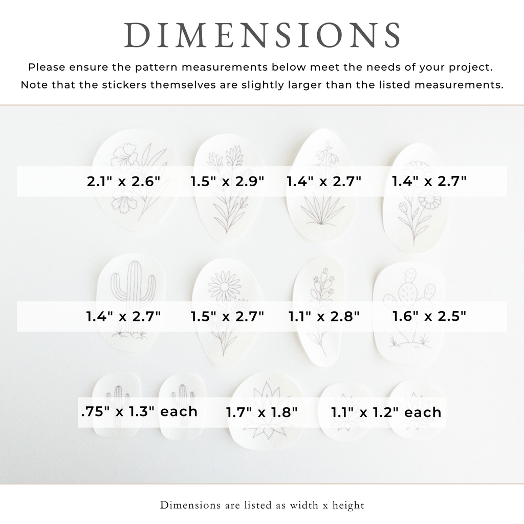 White stick and stitch embroidery patterns featuring 13 desert botanicals like cacti and succulents with dimensions listed.