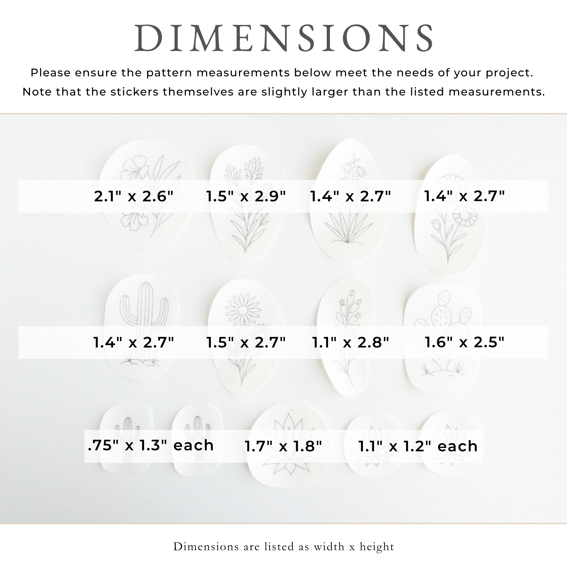 White stick and stitch embroidery patterns featuring 13 desert botanicals like cacti and succulents with dimensions listed.