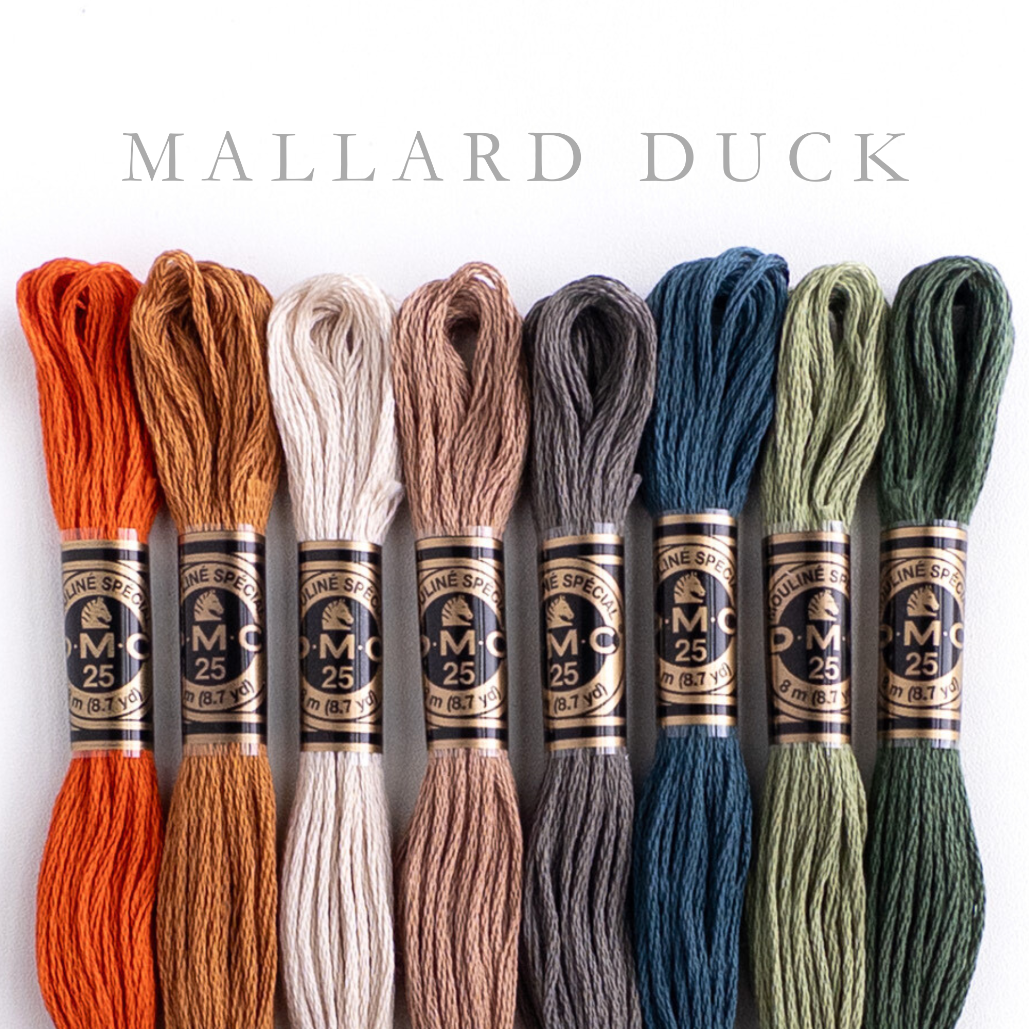 Set of embroidery threads in various colors with 'Mallard Duck' branding on a white background.