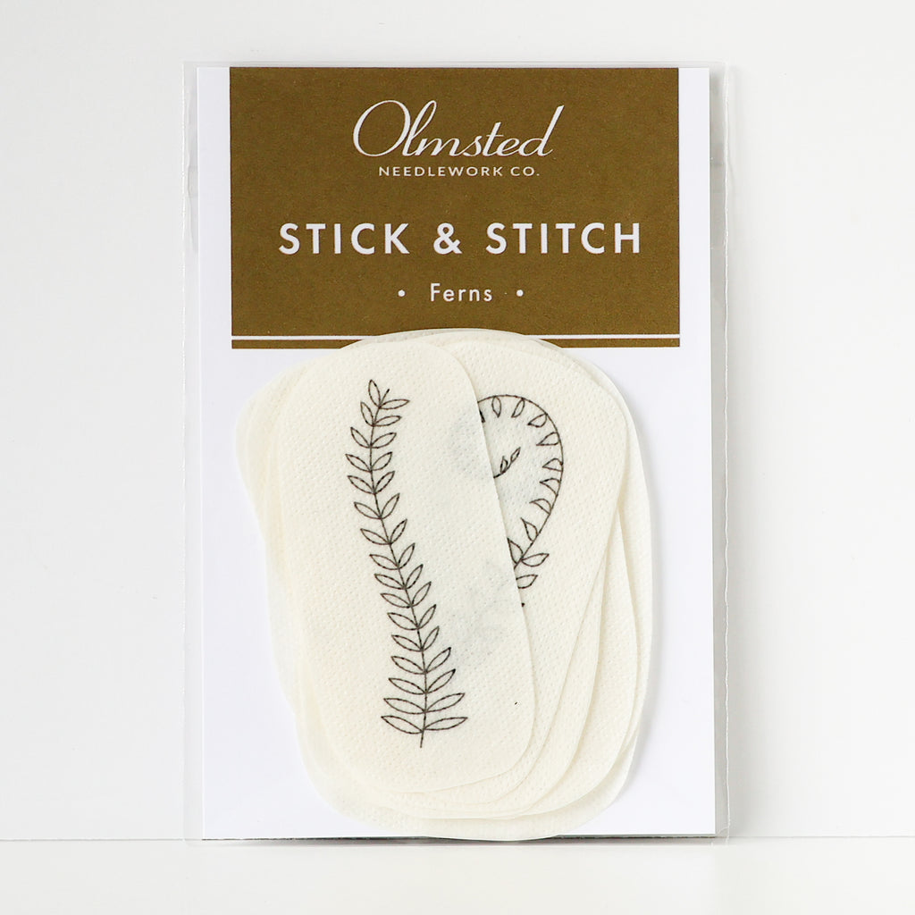 Olmsted Needlework Co. Stick & Stitch Ferns pack with 12 water-soluble embroidery patterns.