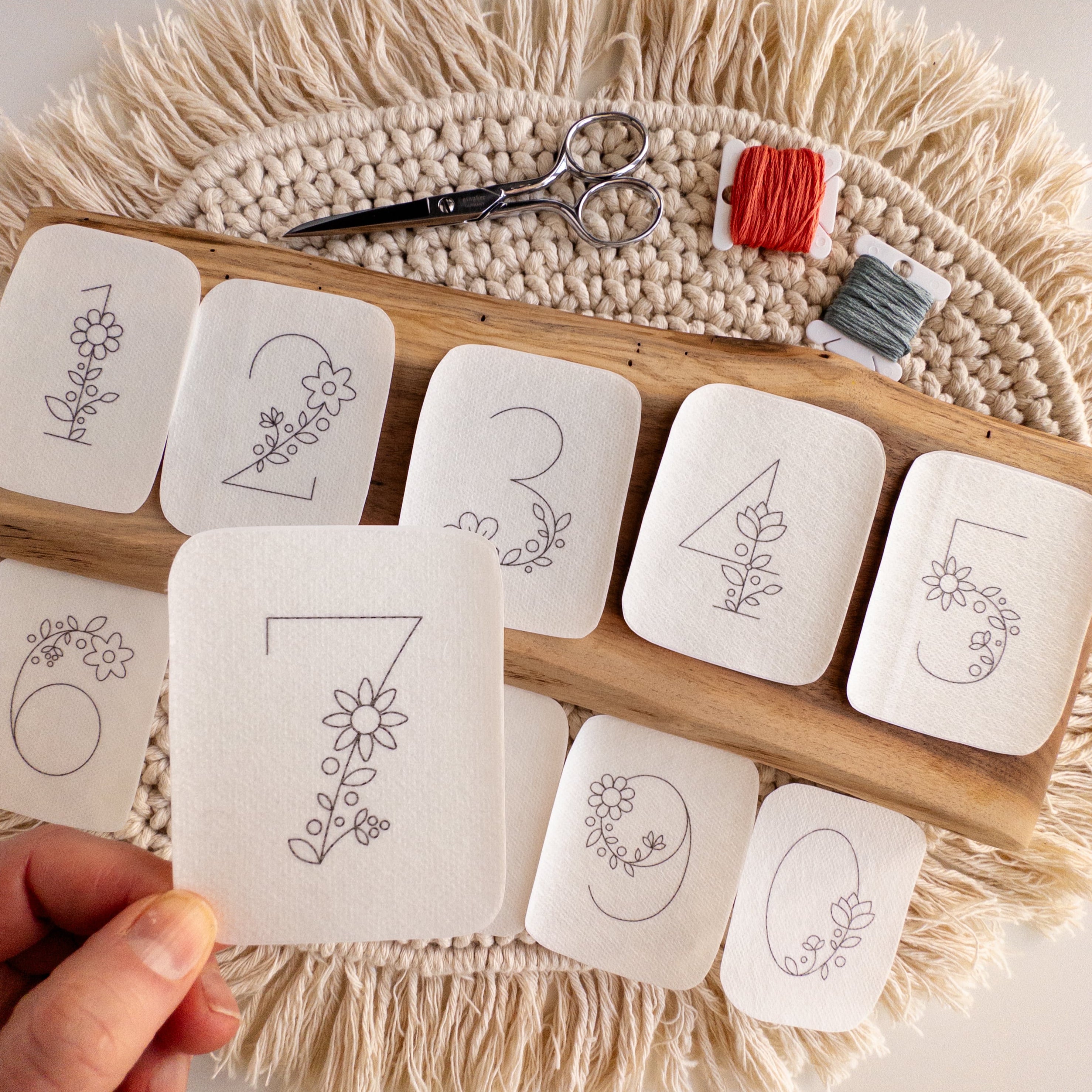 White stick and stitch embroidery patterns featuring floral numbers 0-9, with scissors and floss.