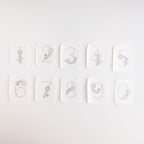 Ten white stick and stitch embroidery patterns, each with a floral-decorated number from 0 to 9.