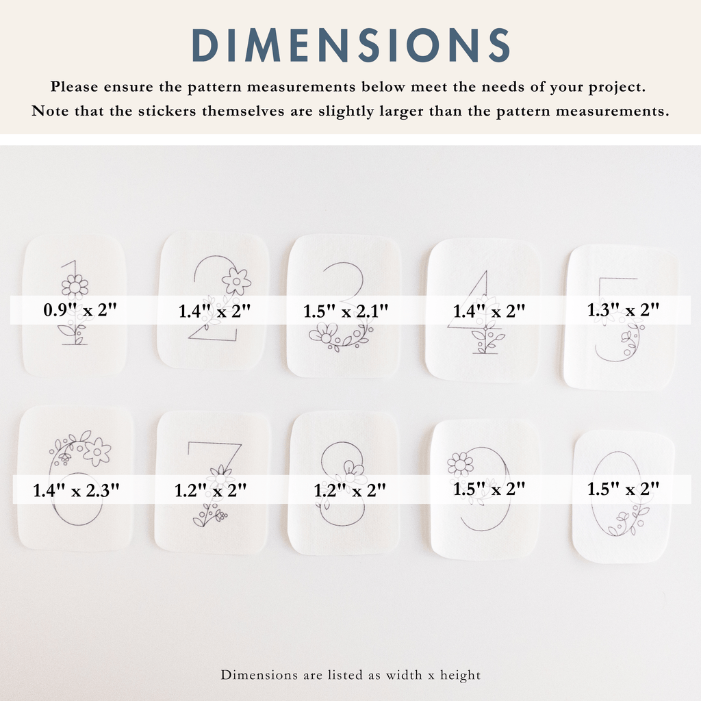 White stick and stitch embroidery patterns for numbers 0-9, each with floral designs and dimensions.