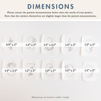 White stick and stitch embroidery patterns for numbers 0-9, each with floral designs and dimensions.