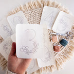 Hand holding a floral number 3 stick and stitch pattern, surrounded by other floral number patterns, embroidery floss, and scissors on a macrame mat.
