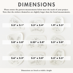Nine folk art bird embroidery patterns on white washaway stabilizer, each with specific dimensions listed.