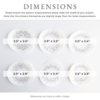 Six white circular wash-away embroidery stickers with gray fruit wreath patterns, each with dimensions.