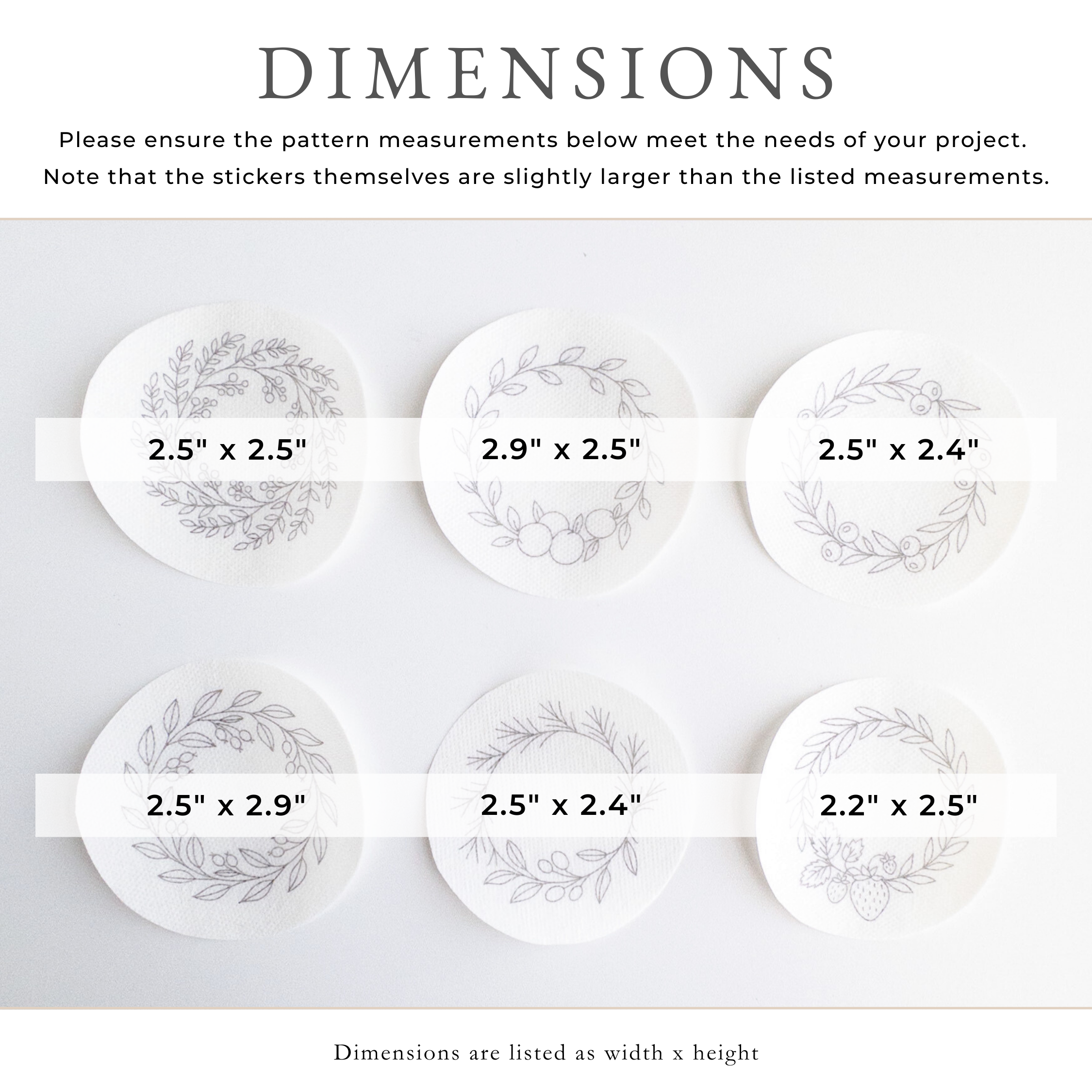 Six white circular wash-away embroidery stickers with gray fruit wreath patterns, each with dimensions.