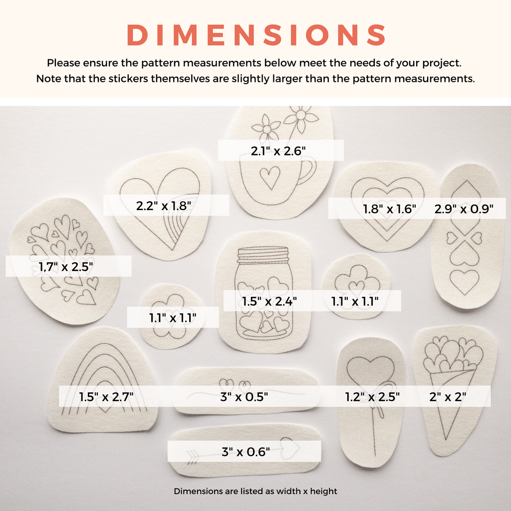 13 heart embroidery stick and stitch patterns on water-soluble stabilizer, with dimensions ranging from 1.1" to 3".