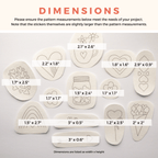 13 heart embroidery stick and stitch patterns on water-soluble stabilizer, with dimensions ranging from 1.1" to 3".