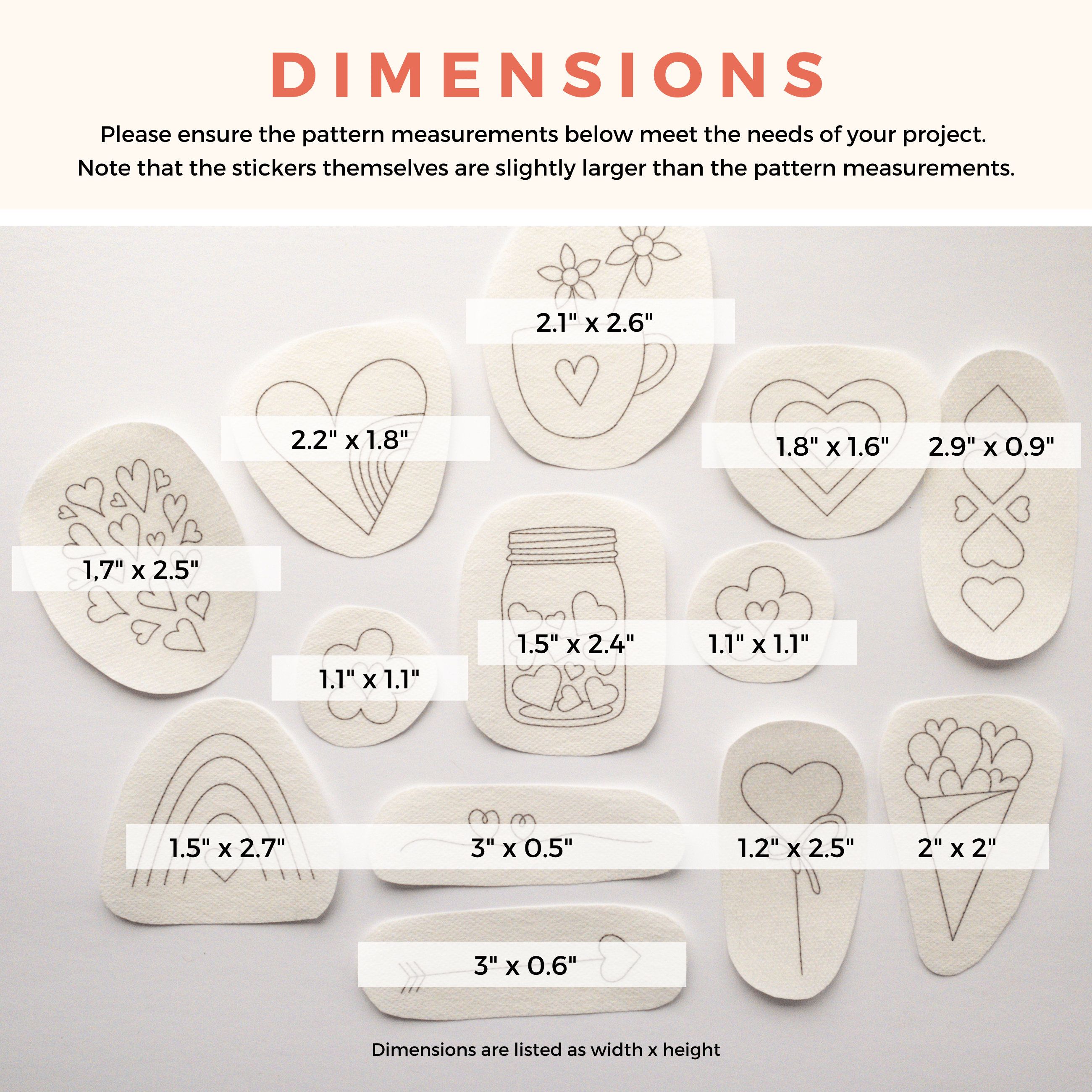 13 heart embroidery stick and stitch patterns on water-soluble stabilizer, with dimensions ranging from 1.1" to 3".