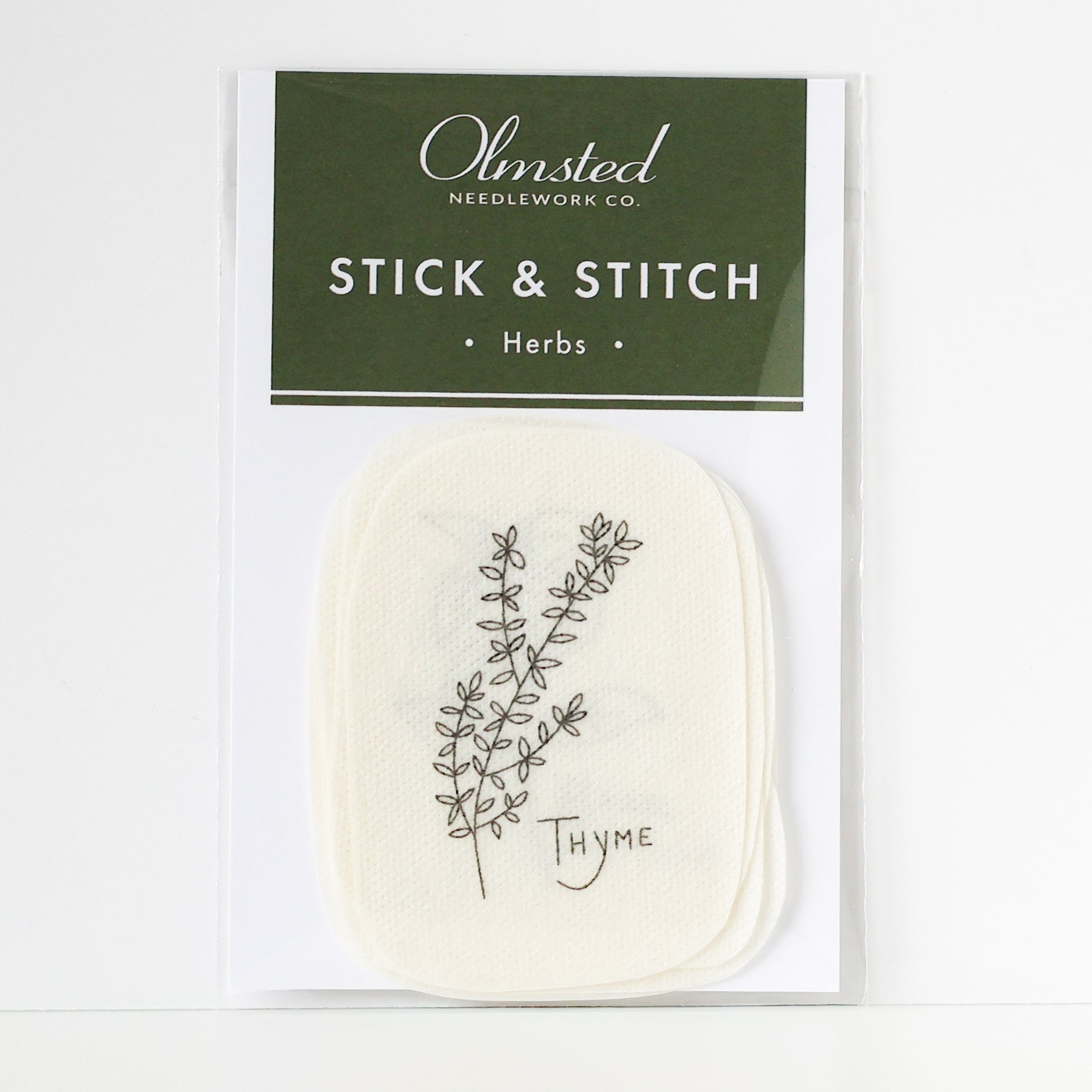 Olmsted Needlework Co. Stick & Stitch Herbs embroidery patterns, featuring a Thyme design.