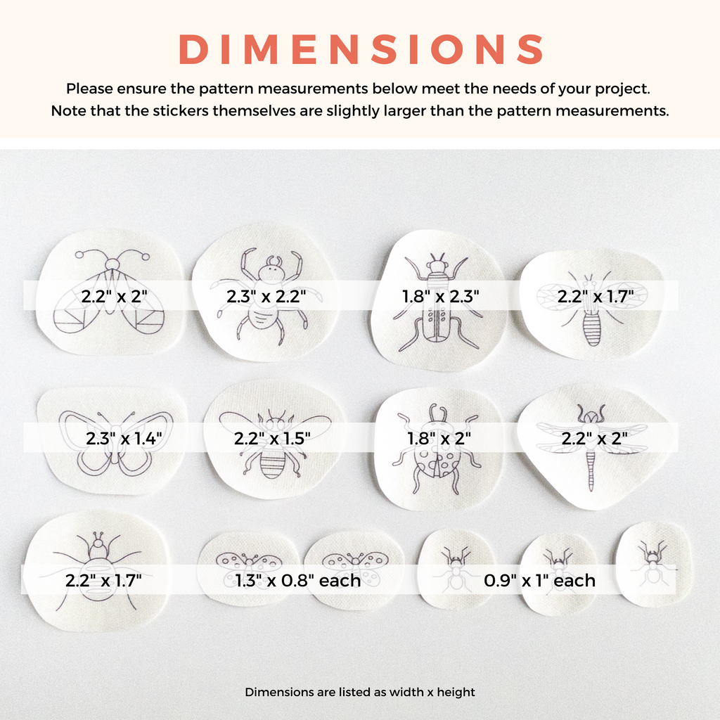 White water-soluble stabilizer patches with 14 outlined insect embroidery patterns and their dimensions.