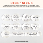 White water-soluble stabilizer patches with 14 outlined insect embroidery patterns and their dimensions.