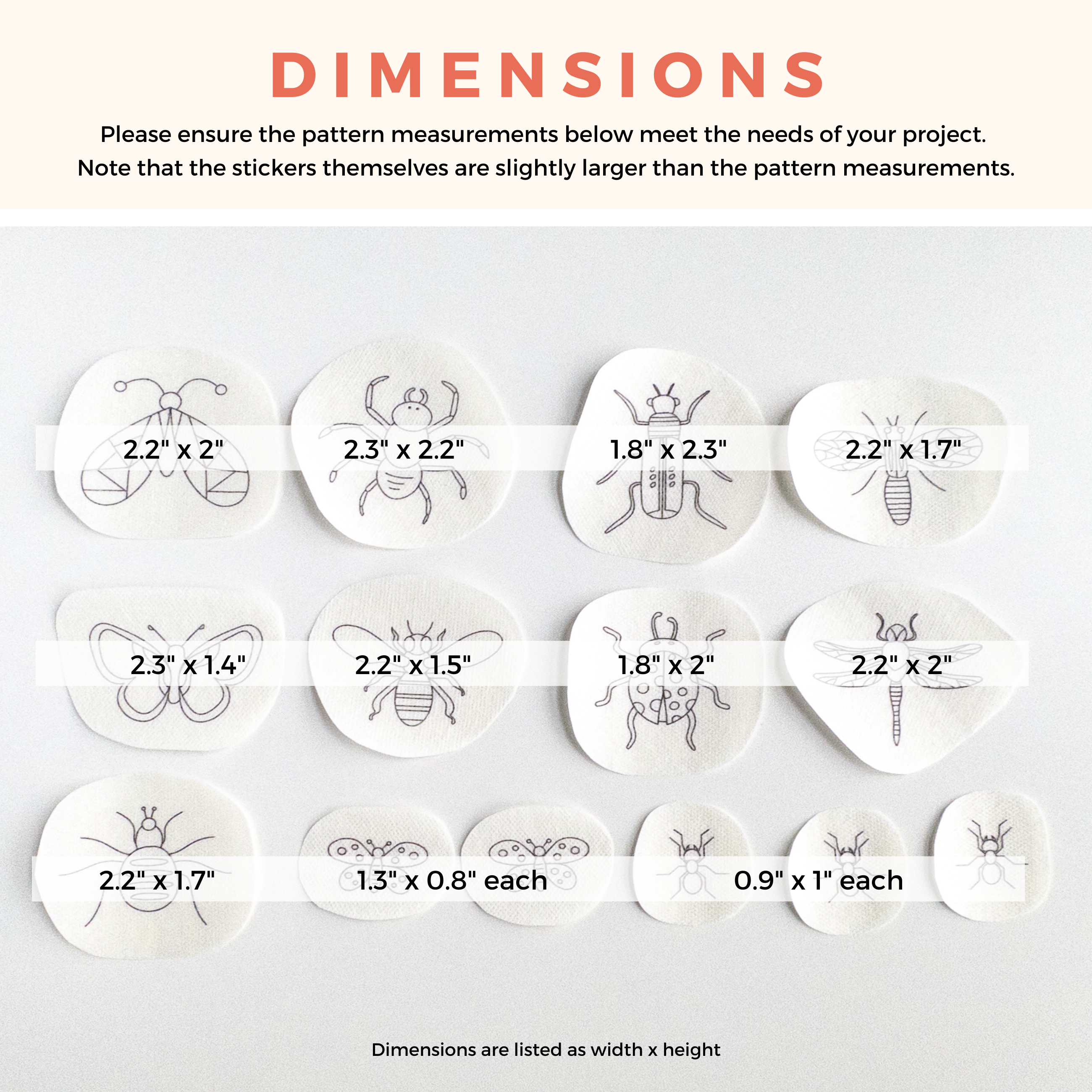 White water-soluble stabilizer patches with 14 outlined insect embroidery patterns and their dimensions.