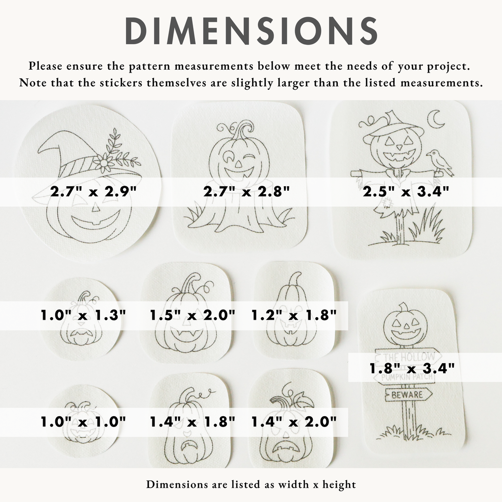 Ten white washaway stabilizer patches with black outline Jack O'Lantern and Halloween embroidery patterns, showing dimensions.