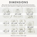 Ten white washaway stabilizer patches with black outline Jack O'Lantern and Halloween embroidery patterns, showing dimensions.