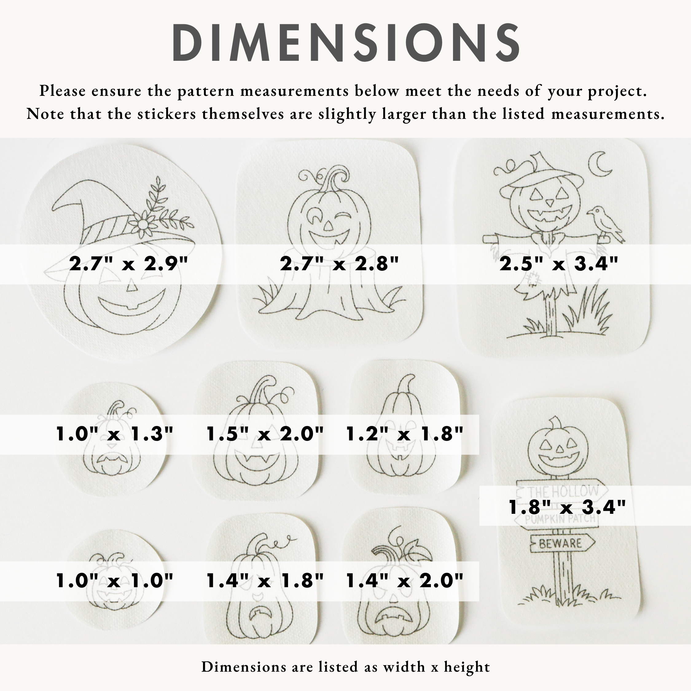 Ten white washaway stabilizer patches with black outline Jack O'Lantern and Halloween embroidery patterns, showing dimensions.