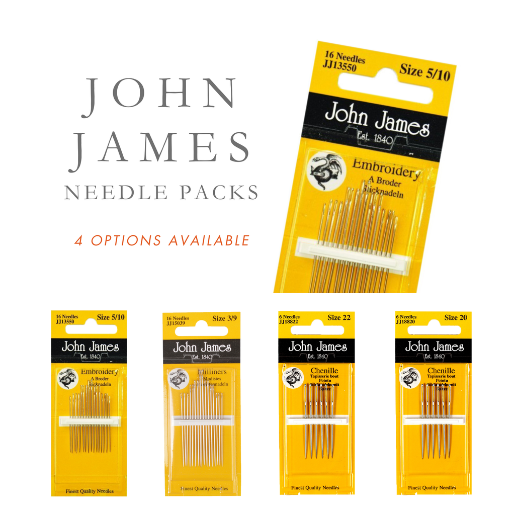 Four yellow John James needle packs: embroidery, milliner, and two chenille sizes.