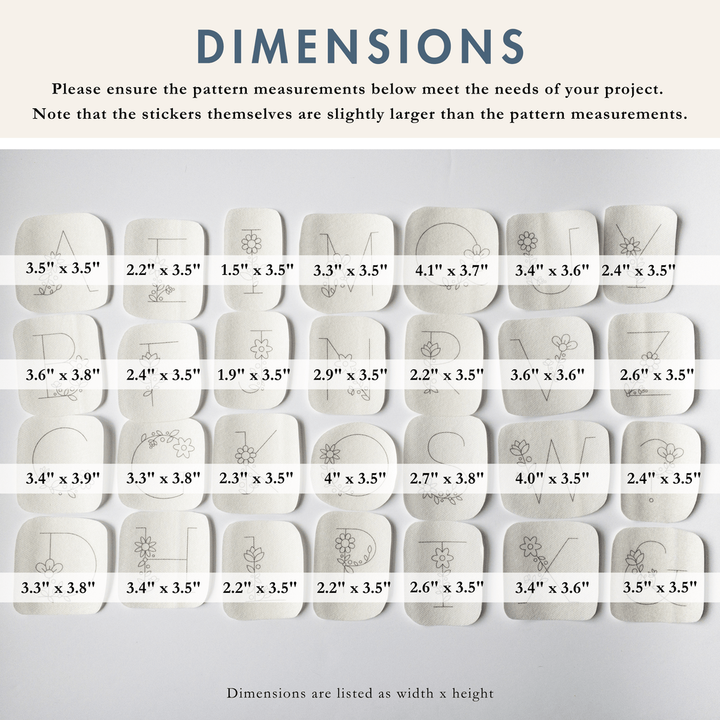 Grid of 30 floral letter stick and stitch embroidery patterns with individual dimensions listed.