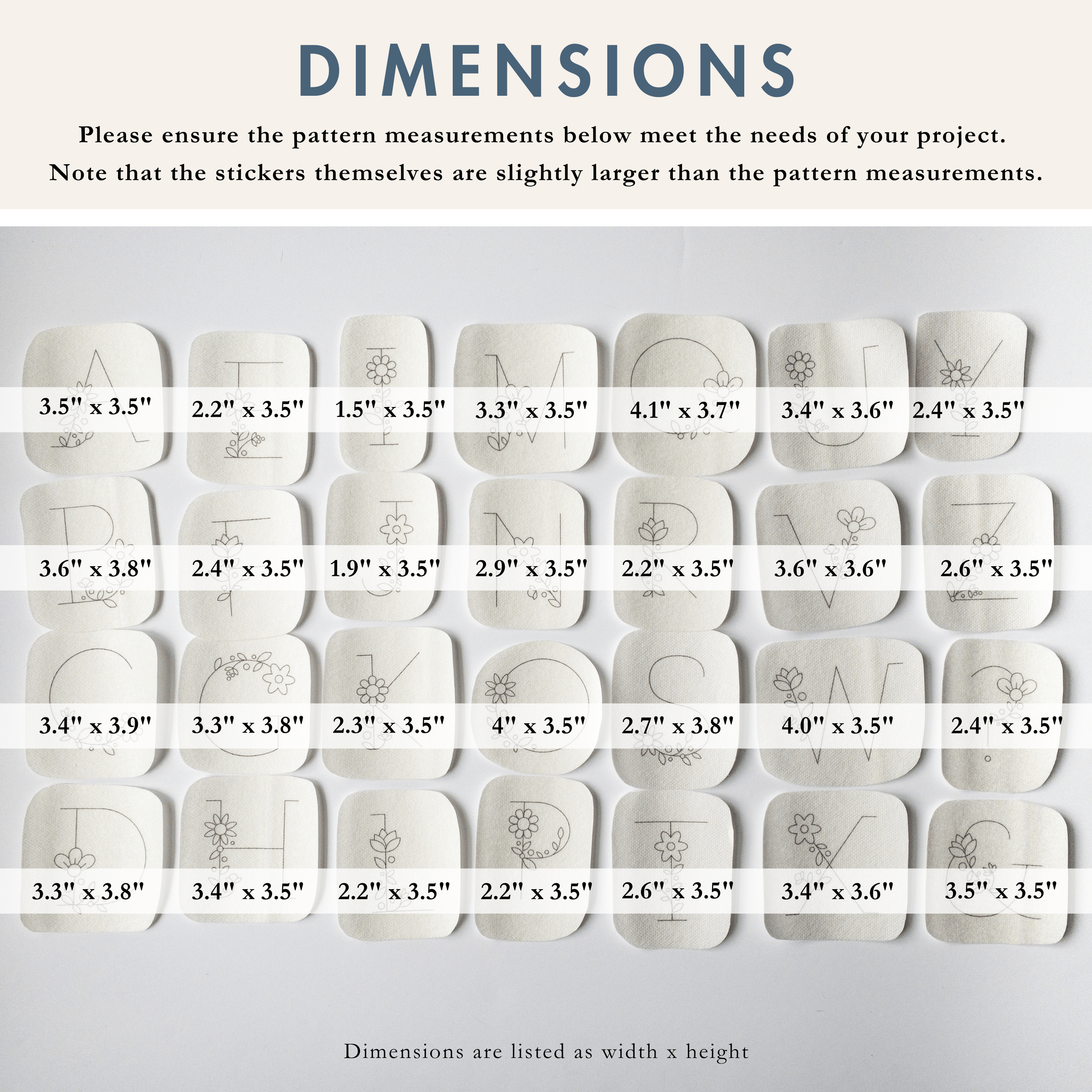 Grid of 30 floral letter stick and stitch embroidery patterns with individual dimensions listed.