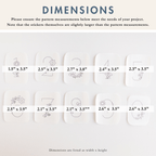 Ten white stick and stitch floral number patterns, 1-0, with dimensions listed for each.