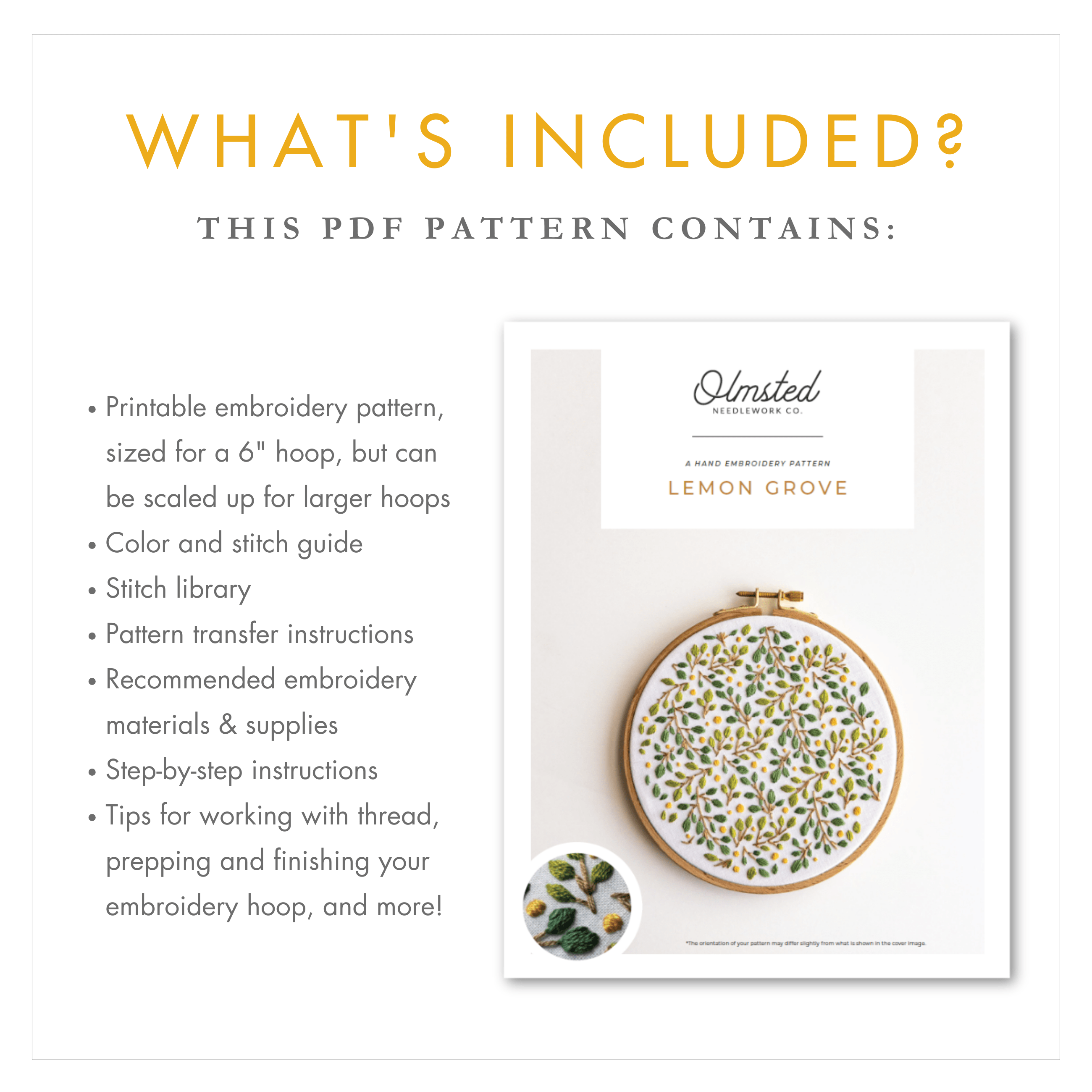Lemon Grove embroidery pattern cover with a 6-inch hoop featuring green leaves and yellow lemons.