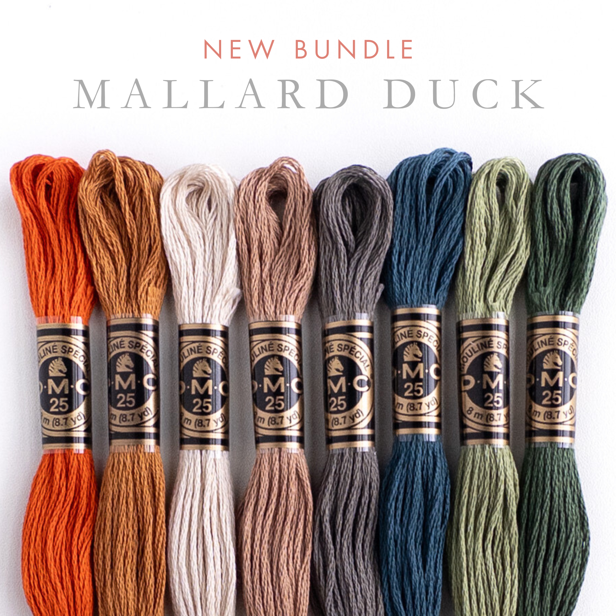 Set of embroidery threads in various colors with 'New Bundle Mallard Duck' text above.