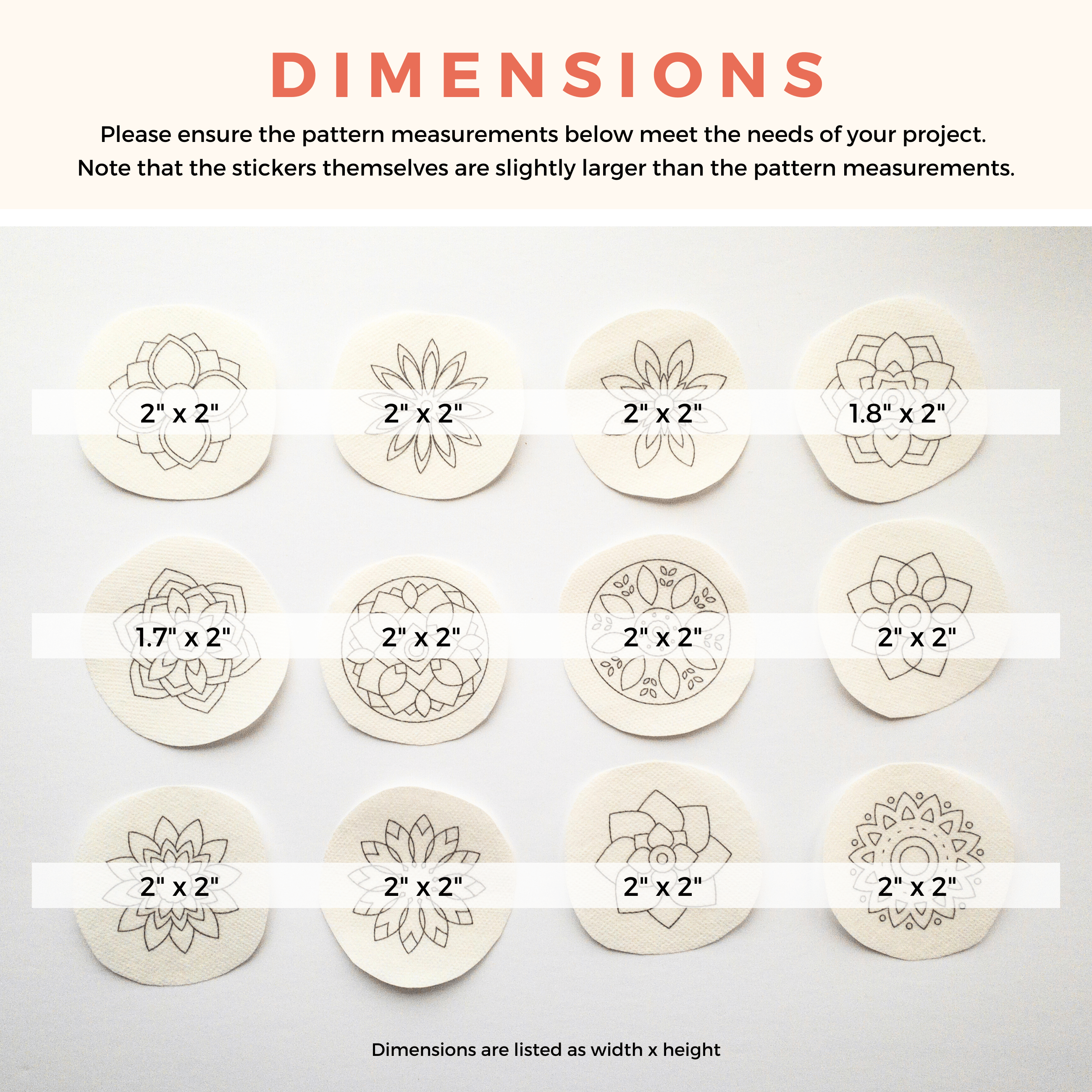 Twelve round, off-white fabric patches with black mandala embroidery patterns and dimension labels.