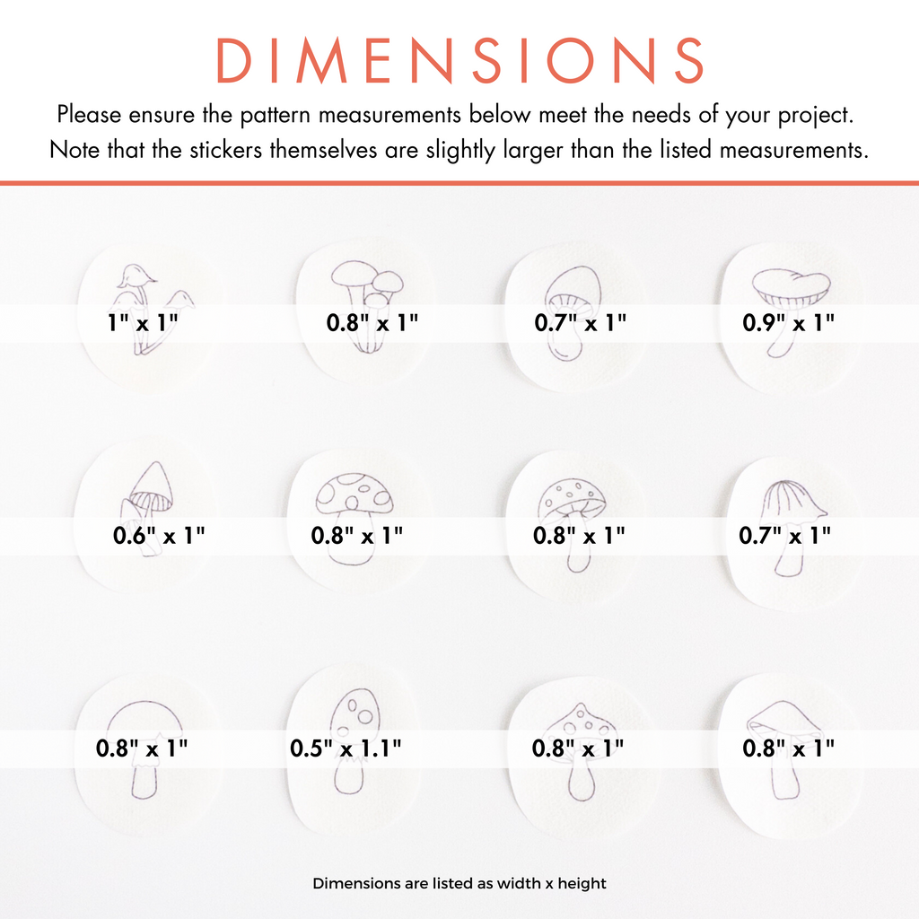 Twelve white, round water-soluble embroidery patches with various mini mushroom stick and stitch patterns and dimensions.