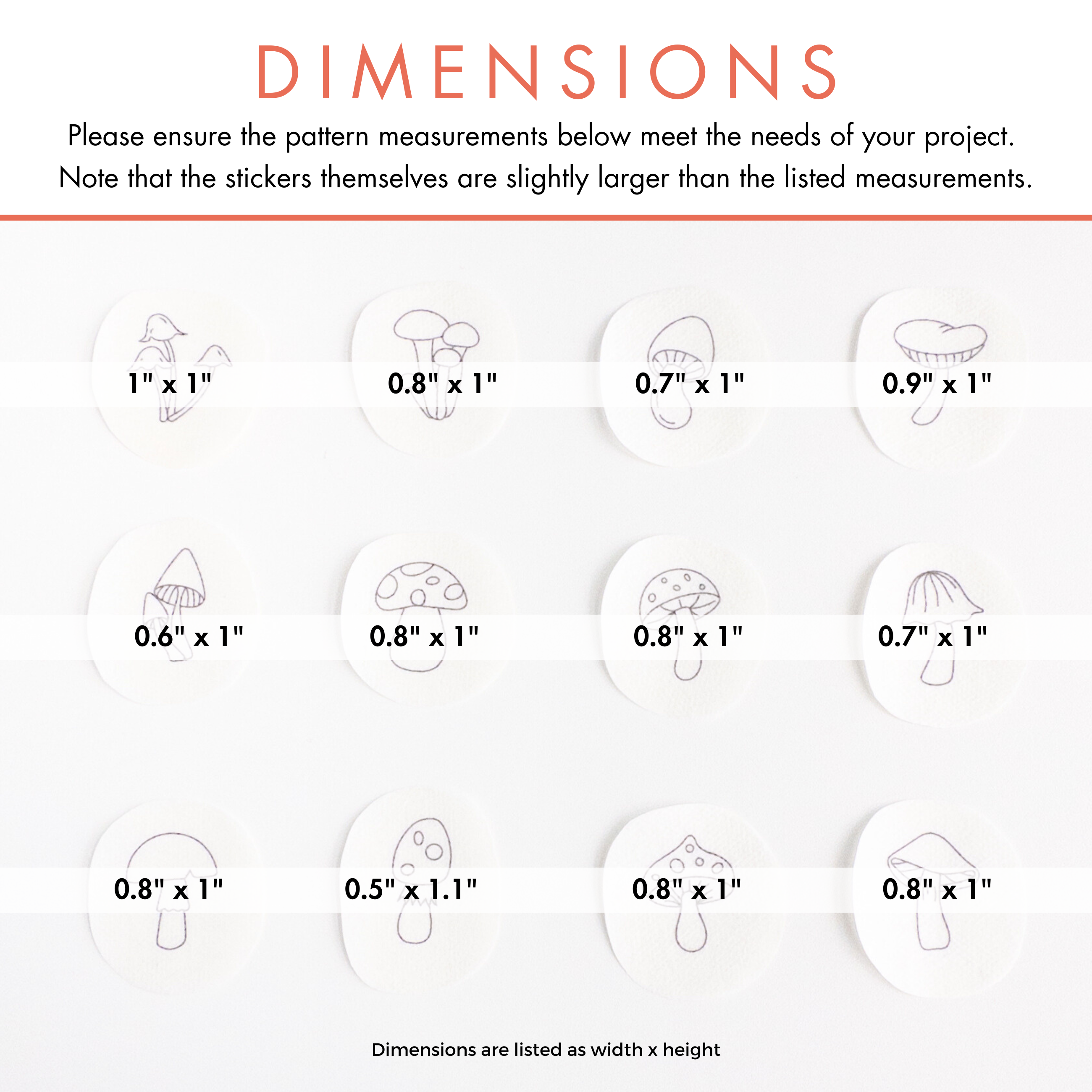 Twelve white, round water-soluble embroidery patches with various mini mushroom stick and stitch patterns and dimensions.
