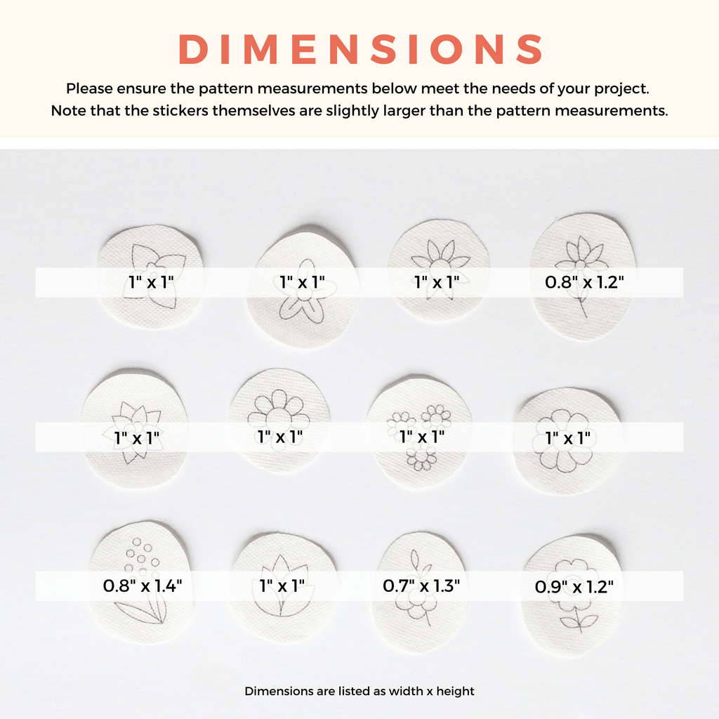 Twelve white round stick and stitch mini flower embroidery patterns with black outlines and dimensions.