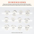 Twelve white round stick and stitch mini flower embroidery patterns with black outlines and dimensions.